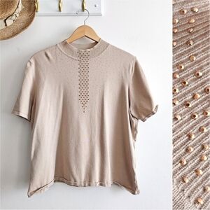 Alfred Dunner Women XL Beige Embellished Knit Top Rhinestone Mock Neck